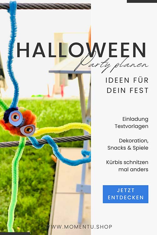 Bunte Spinne aus Pfeifenputzern gebastelt und am Gartenzaun befestigt. Auch das Basteln von kleinen Süßigkeiten-Geistern ist im Beitrag beschrieben.