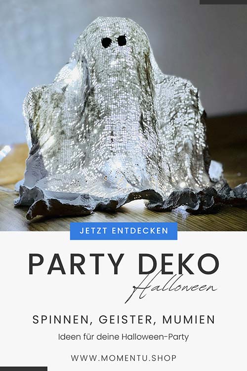 Selbstgemachte Halloween Deko mit kleinen, leuchtenden Geistern aus Gips.
