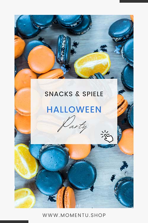 Macarons in den Halloween-Farben Orange und Blau-Grau. Im Beitrag findest du Tipps für Snacks und Spiele für deine Halloweenfeier.