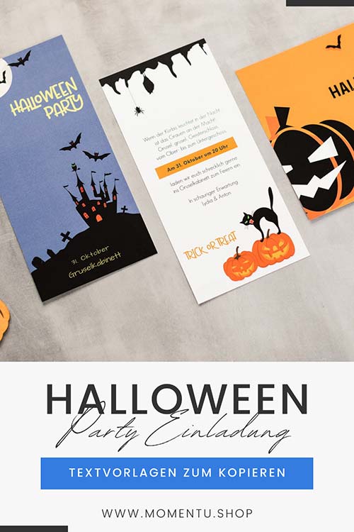 Halloween Einladung Text zum Kopieren. Die Halloween Einladungskarten in Orange und Blau zeigen ein Geisterschloss, Grabsteine, Kürbisse, eine schwarze Katze und eine Spinne.