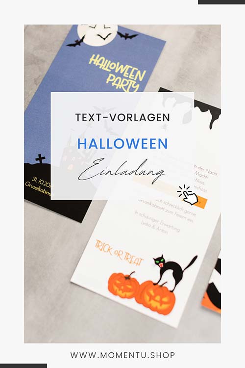 Halloweenparty Einladungskarten in Orange und Blau mit Feldermäsuen, Vollmond, Kürbissen und schwarzer Katze.