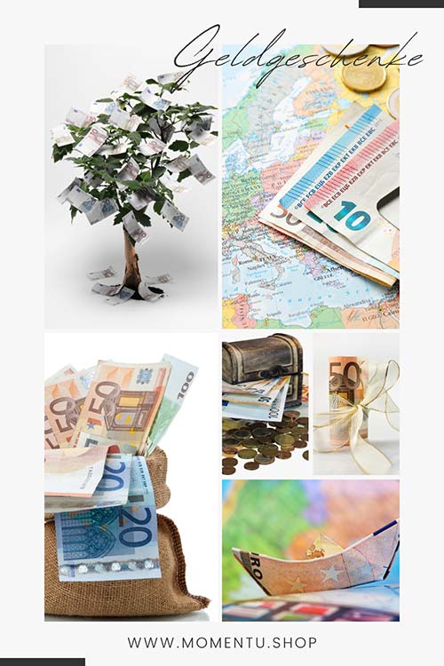 Viele Varianten von kreativen Geldgeschenken zur Hochzeit: Geldblumen, Schatztruhe, gefaltene Geldscheine als Schiff