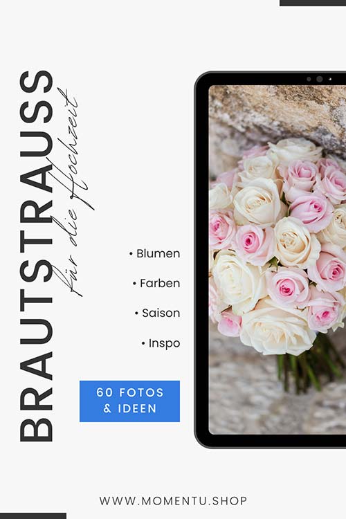 Brautstrauß mit weißen und rosa Rosen auf Steinmauer