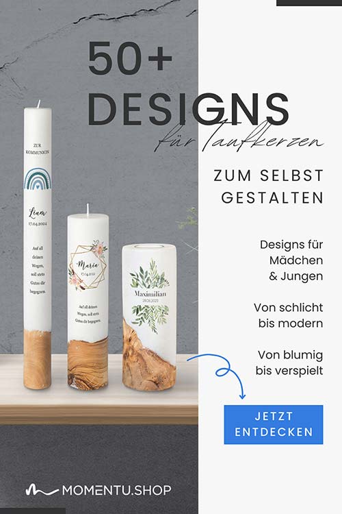 Mehr als 50 Designs für personalisierte Taufkerzen für Jungen und Mädchen – von modern und schlicht bis blumig und verspielt.