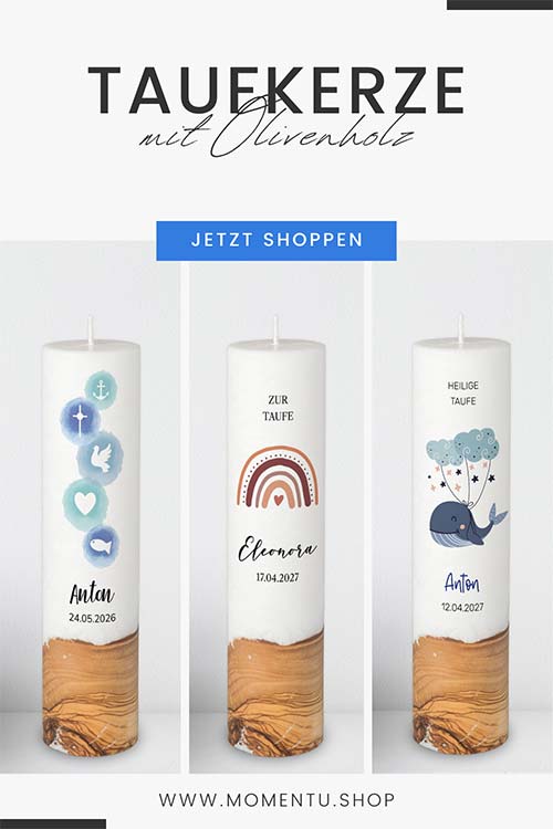 Personalisierte Taufkerzen mit Olivenholz im Format 6 x 25 cm – von christlichen Symbolen über einen Regenbogen in Blau oder Rot bis zum Wal-Motiv.