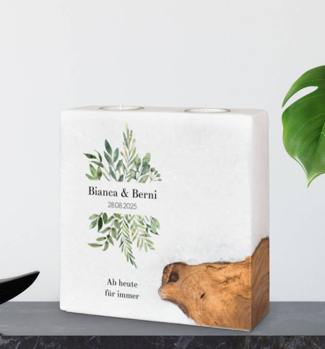 Eckige Hochzeitskerzen mit Olivenholz-Element