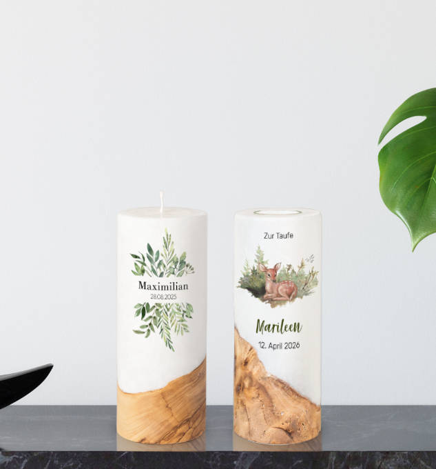 Taufkerzen mit Olivenholz-Element