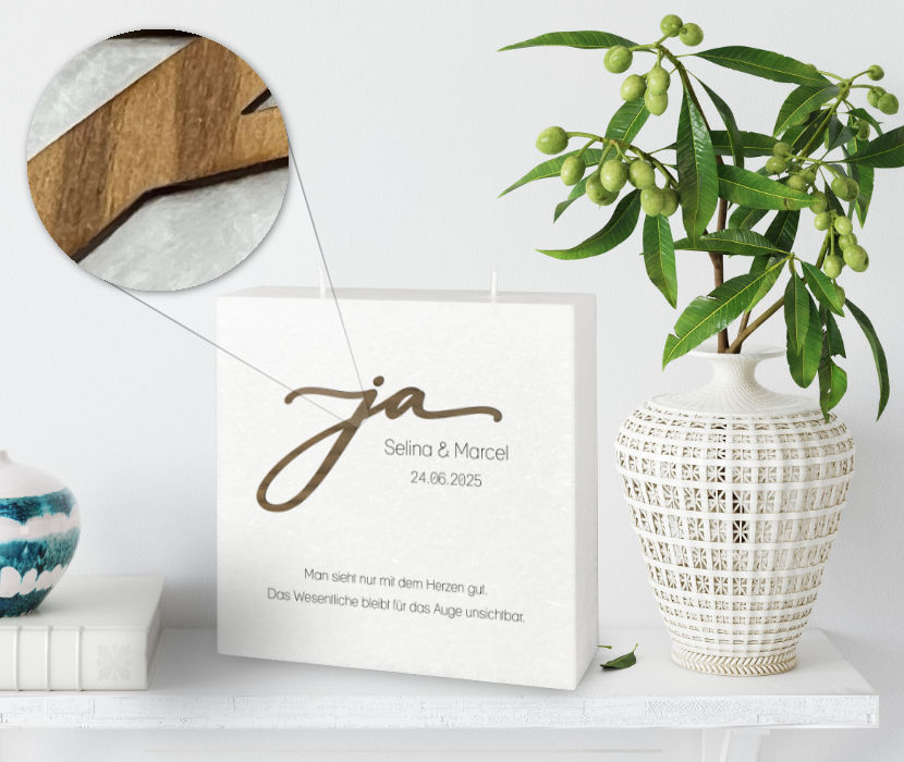 Hochzeitskerze Docht Holzapplikation Ja Halbmond 24 x 19 cm ein echtes Unikat