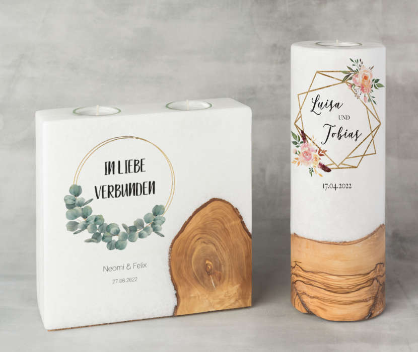 Kerze mit Holzelement Blanko 9 x 25 cm mit und ohne Aufdruck