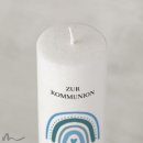 Kommunionkerze Holzelement Docht Regenbogen Blautöne Ø6 x 25 cm