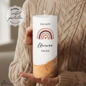 Taufkerze Holzelement Docht Regenbogen Erdtöne Ø8 x 20 cm