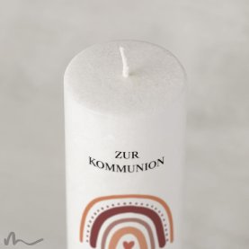 Kommunionkerze Holzelement Docht Regenbogen Erdtöne Ø6 x 25 cm