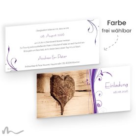 Hochzeitseinladung Ametrin Holzherz 21 x 10 cm Doppelseitig