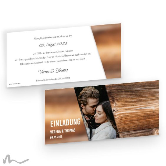 Hochzeitseinladung Glas und Holz 21 x 10 cm Doppelseitig