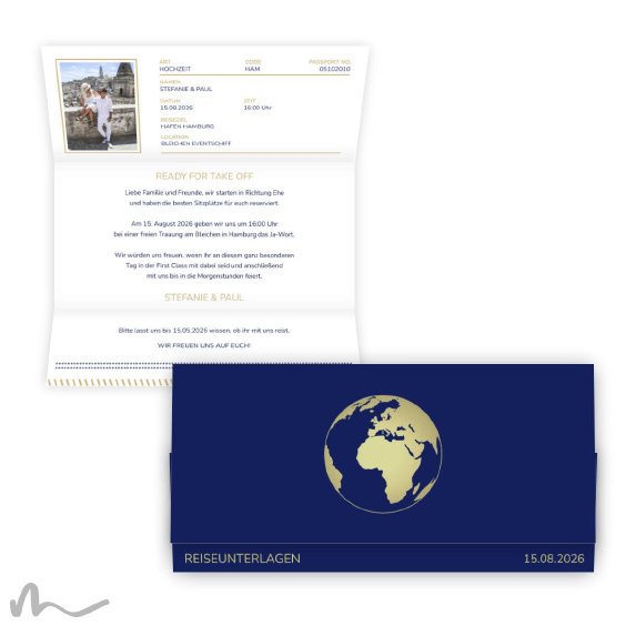Hochzeitseinladung Reisepass Globus 21.5 x 10.5  cm Wickelfalz