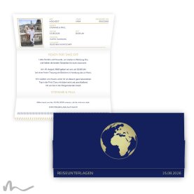 Hochzeitseinladung Reisepass Globus 21.5 x 10.5  cm Wickelfalz