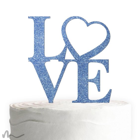 Cake Topper Love Heart Blau Glitzer