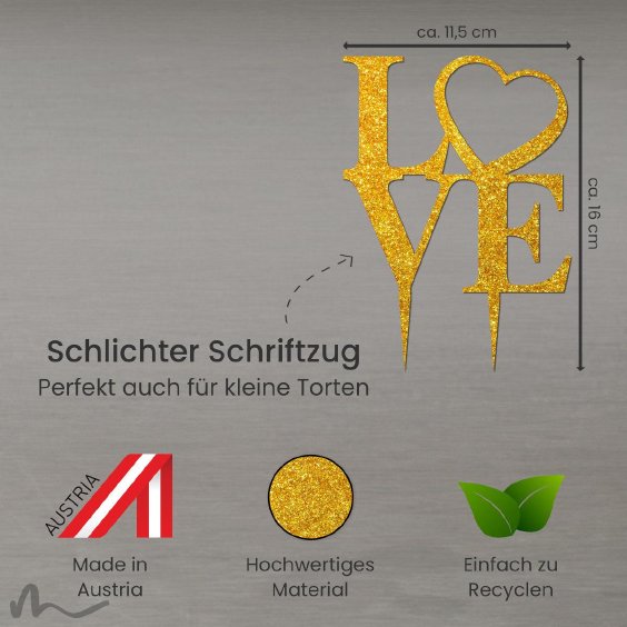 Cake Topper Love Heart Gold Glitzer