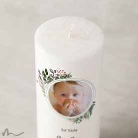 Taufkerze Docht Blätterprint Ø8 x 20 cm mit Foto