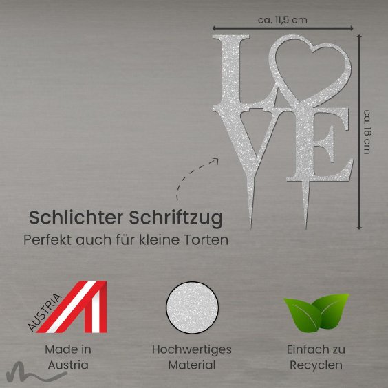 Cake Topper Love Heart Silber Glitzer