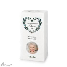 Trauerkerze Blätterherz 10 x 20 cm mit Foto