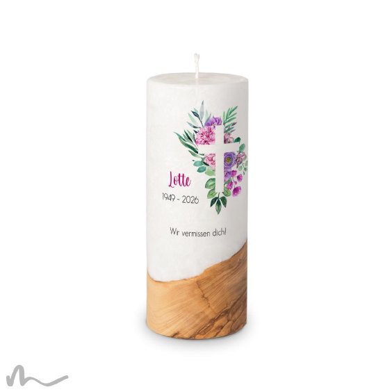Trauerkerze Holzelement Docht Florales Kreuz Ø8 x 20 cm