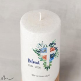Trauerkerze Holzelement Docht Florales Kreuz Blau Ø8 x 20 cm