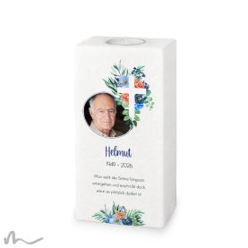 Trauerkerze Florales Kreuz Blau 10 x 20 cm mit Foto