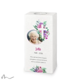 Trauerkerze Florales Kreuz 10 x 20 cm mit Foto