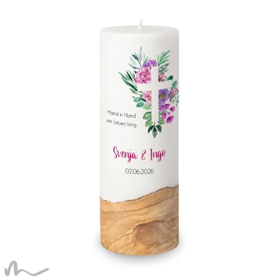 Hochzeitskerze Holzelement Docht Florales Kreuz Ø9 x 25 cm