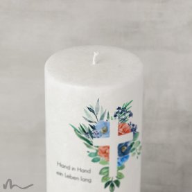 Hochzeitskerze Holzelement Docht Florales Kreuz Blau Ø9 x 25 cm