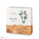 Hochzeitskerze breites Holzelement Florales Kreuz Blau 20 x 20 cm