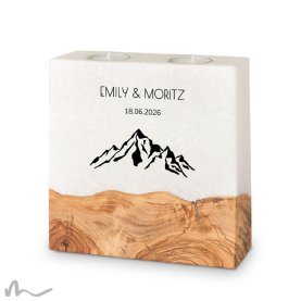 Hochzeitskerze breites Holzelement Bergleidenschaft 20 x 20 cm