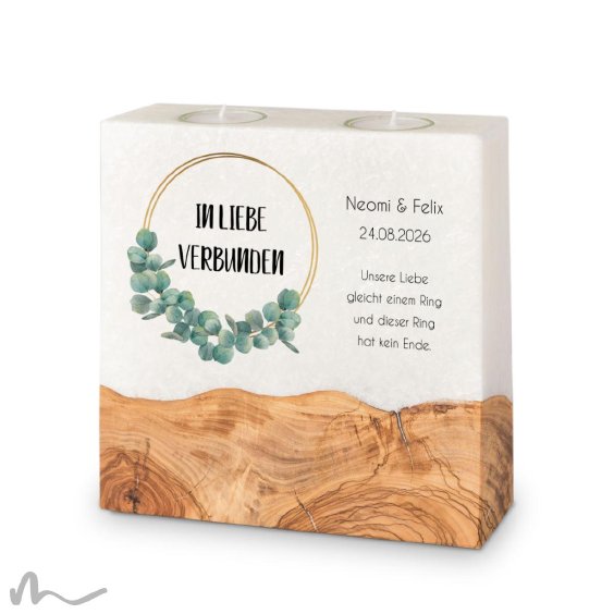Hochzeitskerze breites Holzelement Eukalyptus 20 x 20 cm