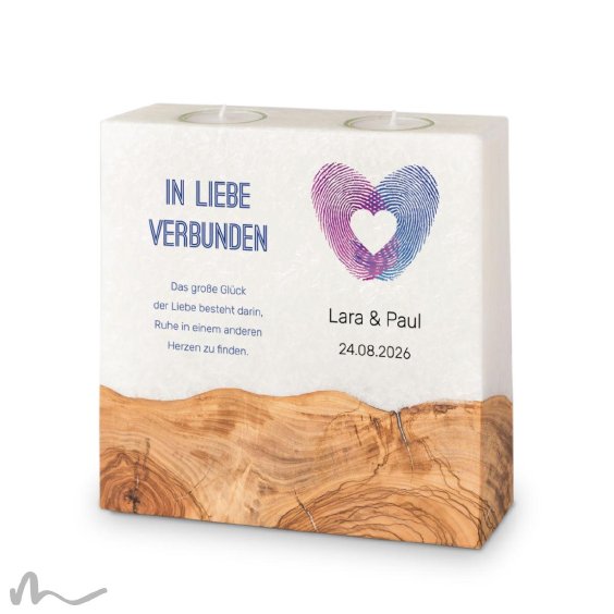 Hochzeitskerze breites Holzelement Fingerabdruck Herz 20 x 20 cm