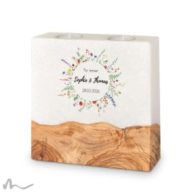 Hochzeitskerze breites Holzelement Wiesenblumen 20 x 20 cm