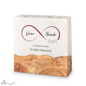 Hochzeitskerze breites Holzelement Infinity Heart 20 x 20 cm
