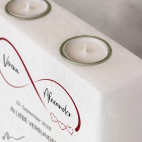 Hochzeitskerze breites Holzelement Infinity Heart 20 x 20 cm