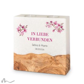 Hochzeitskerze breites Holzelement Magnolie 20 x 20 cm