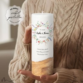 Hochzeitskerze Holzelement Docht Wiesenblumen Ø9 x 25 cm