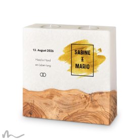 Hochzeitskerze breites Holzelement Goldene Zeiten 20 x 20 cm