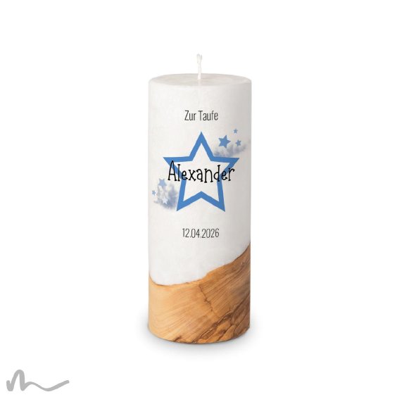 Taufkerze Holzelement Docht Sternenmeer Ø8 x 20 cm