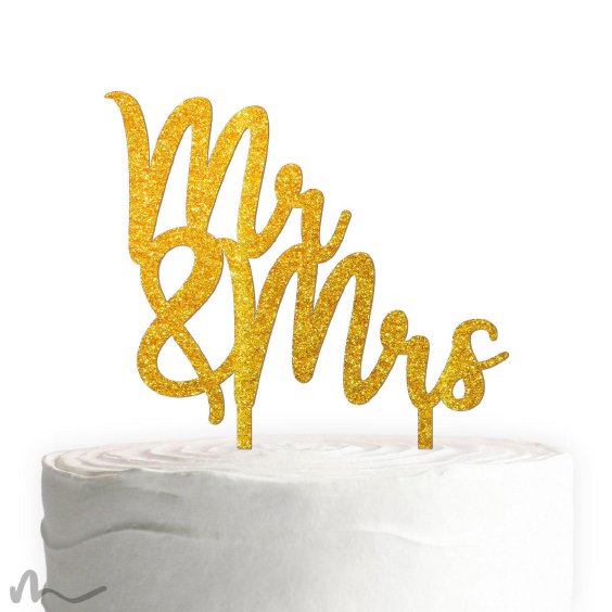 Cake Topper Mr und Mrs Schriftzug Gold Glitzer