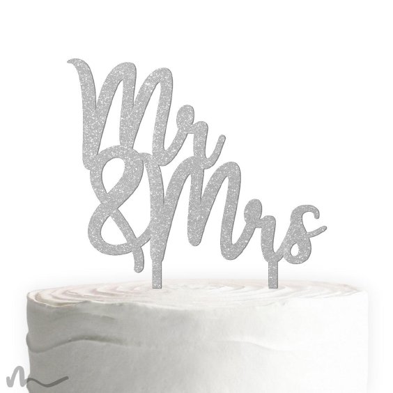 Cake Topper Mr und Mrs Schirftzug Silber Glitzer