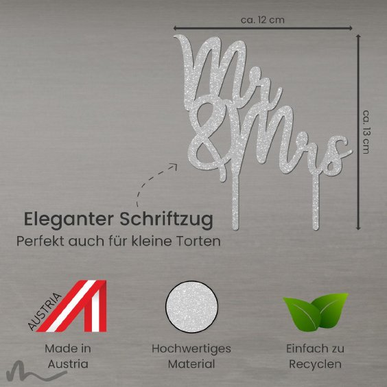 Cake Topper Mr und Mrs Schirftzug Silber Glitzer