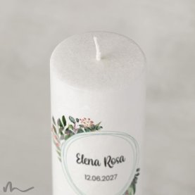 Konfirmationskerze Holzelement Docht Blätterprint Ø6 x 25 cm