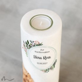 Konfirmationskerze Holzelement Blätterprint Ø8 x 20 cm