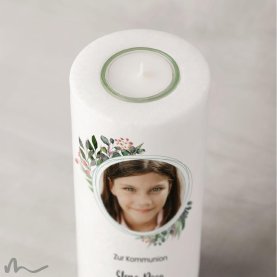 Kommunionkerze Blätterprint Ø8 x 20 cm mit Foto