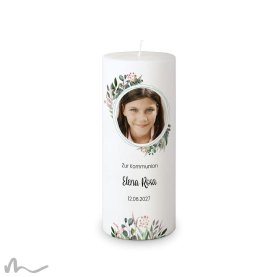 Kommunionkerze Docht Blätterprint Ø8 x 20 cm mit Foto