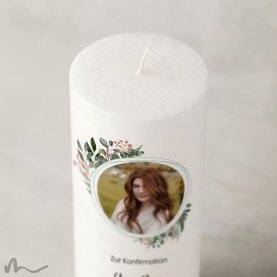 Konfirmationskerze Docht Blätterprint Ø8 x 20 cm mit Foto